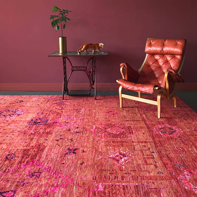 Wool and Sari Silk, hand knotted, rich reds and subtle orange, luxury rug
