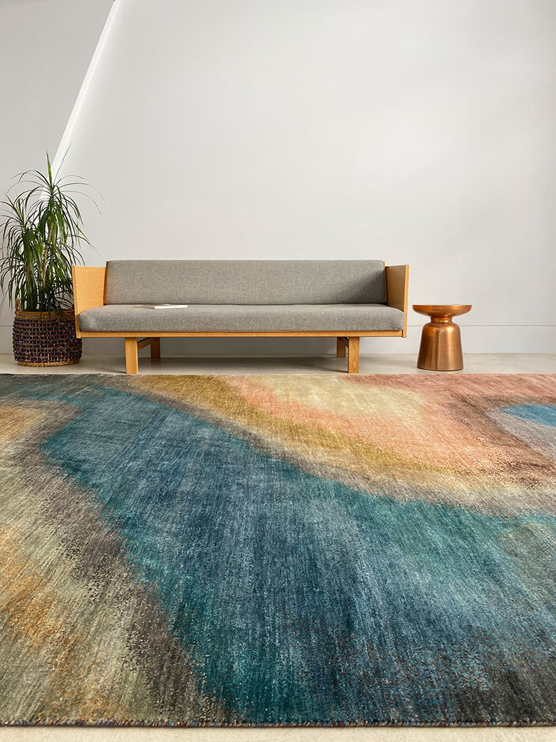 Hand knotted, silk, vibrant, blue, ochre, peach rug