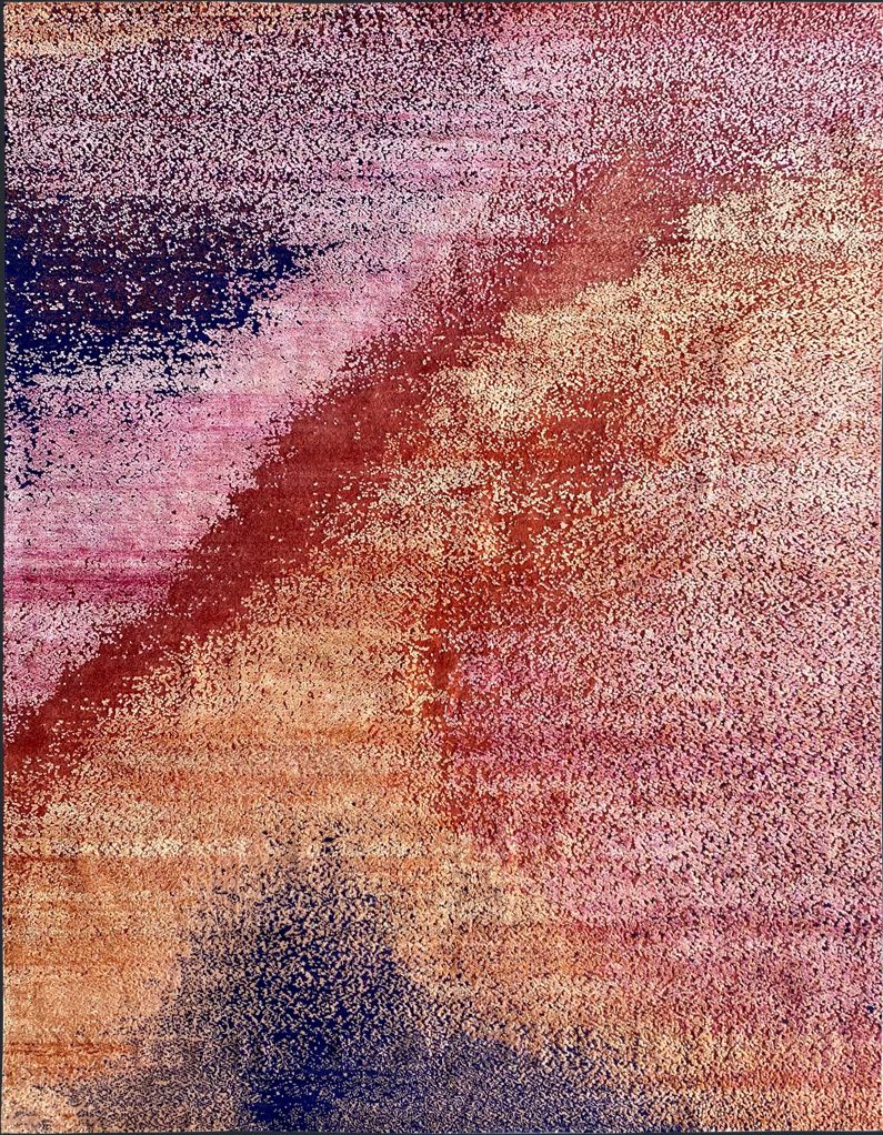 Woool and Silk, hand knotted, colourful, fun, pink, purple, ochre luxury rug