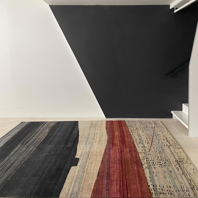 Modern, wool, low pile abstract, red, black and neutral rug