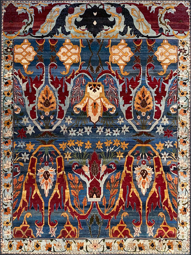Traditional, transitional, hand knotted, wool, low pile, rich blues and reds, motif, border luxury rug