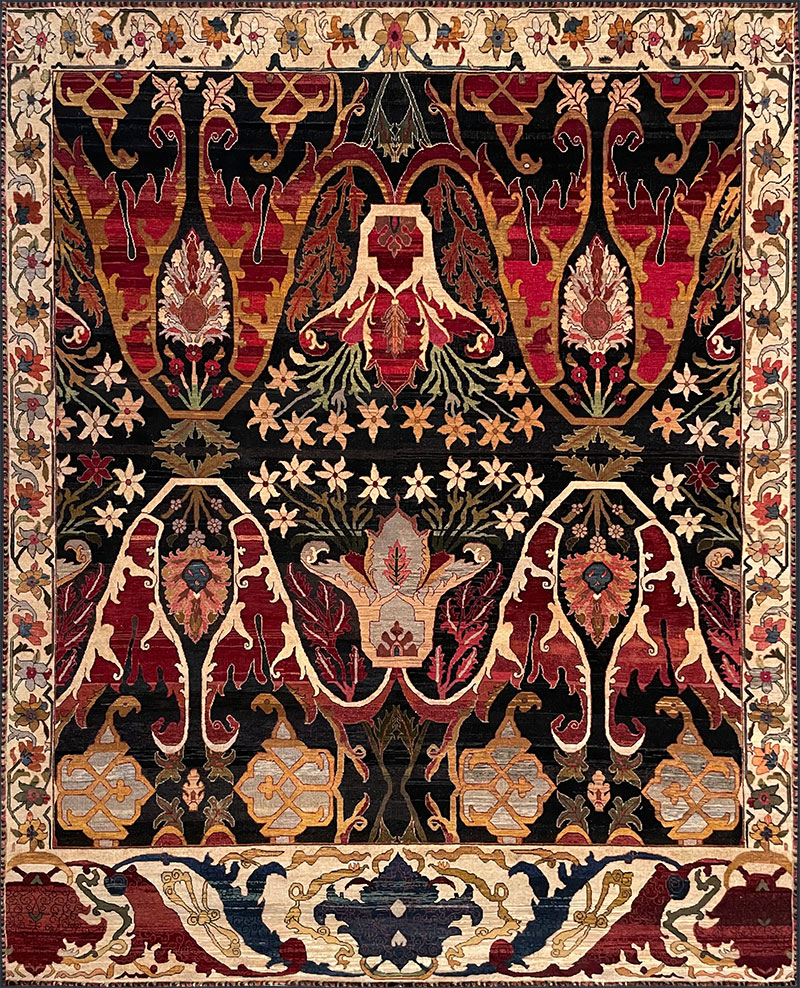 Hand Knotted, wool, low pile, unique, traditional, transitional, deep red, charcoal, ochre rug