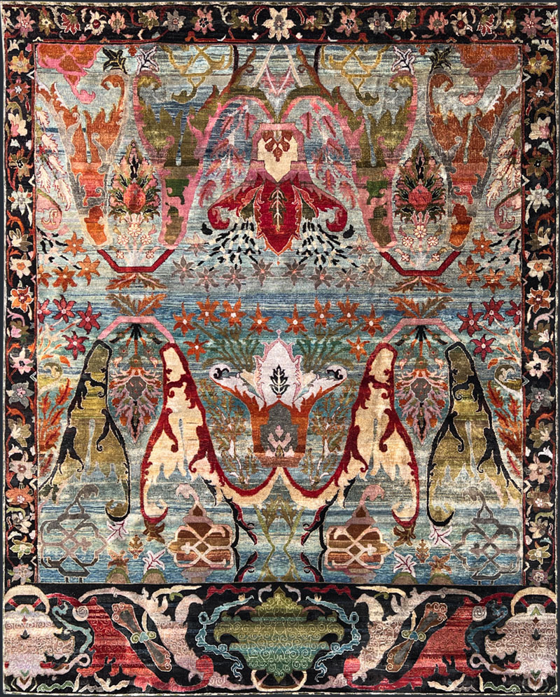 Hand knotted, traditional, transitional, vibrant, motif, border. pink, red, sea blue neutral low pile luxury, unique rug