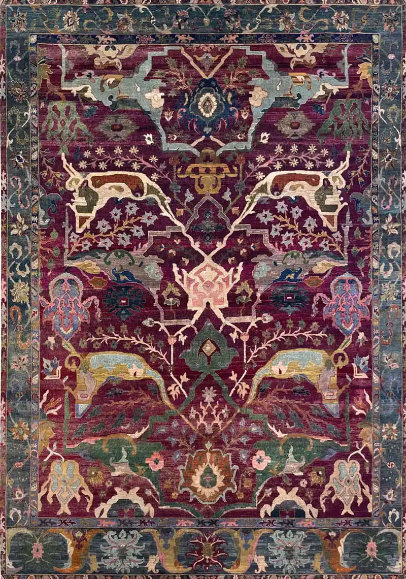 Traditional, low pile, red, green and neutral tones, wool and silk rug