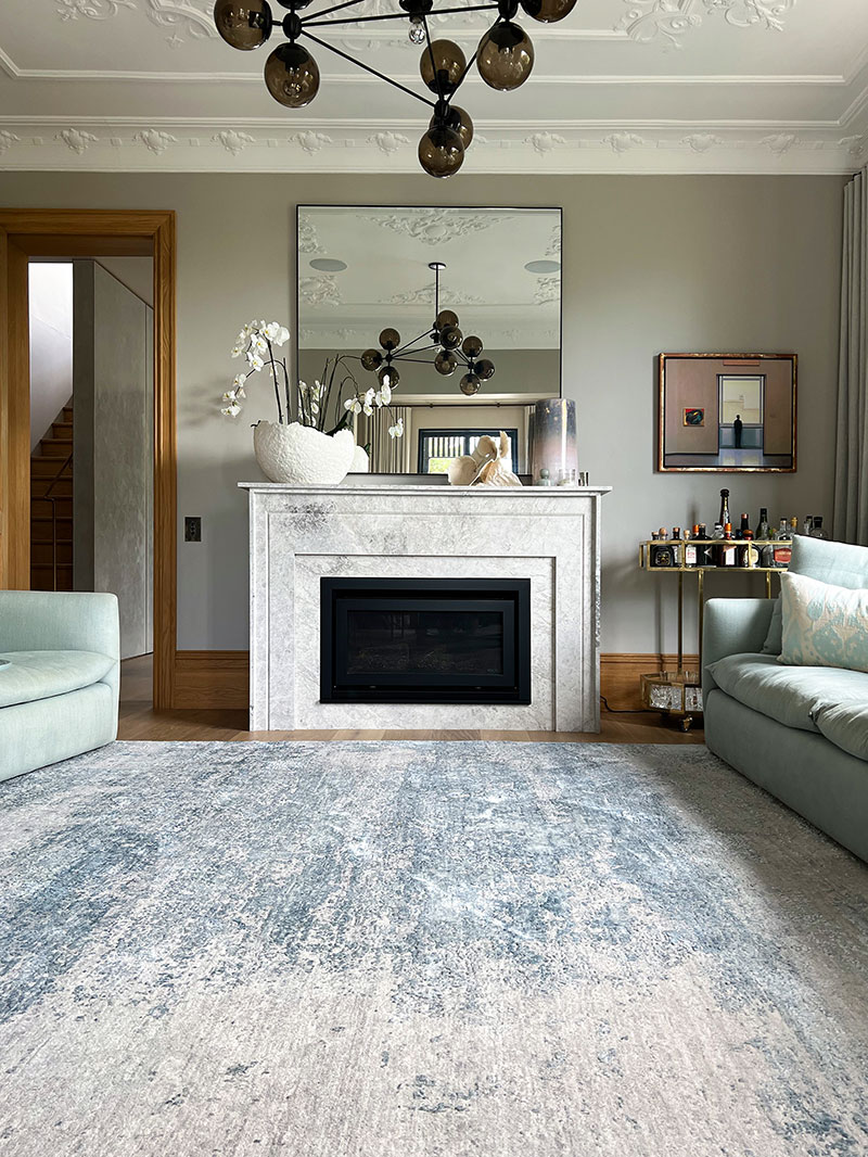 Abstract, wool and silk, luxury rug, neutral base and soft blue highlights
