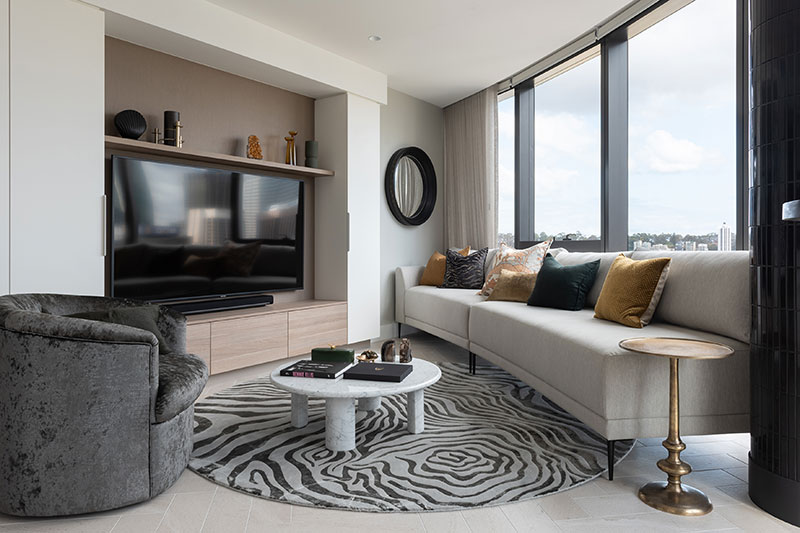 Custom hand knotted round rug, grey and black, animal print