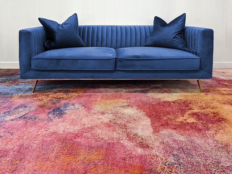 Hand knotted, wool and silk, vivid, red rose, fuchsia, slate grey, steel blue, orange timeless rug