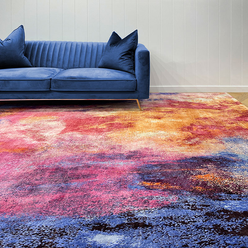 Hand knotted, wool and silk, vibrant, colourful, pink, orange, blue, charcoal rug