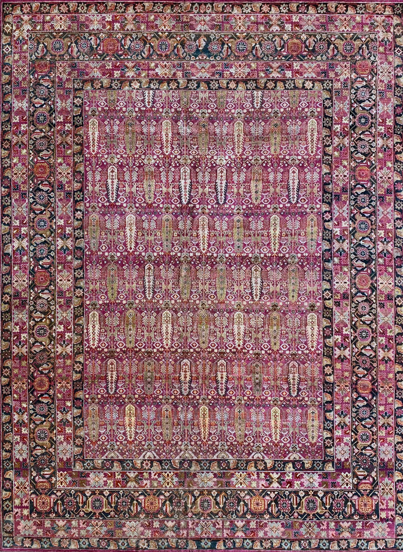 Traditional, low pile, pink, red and black tones, wool and silk rug