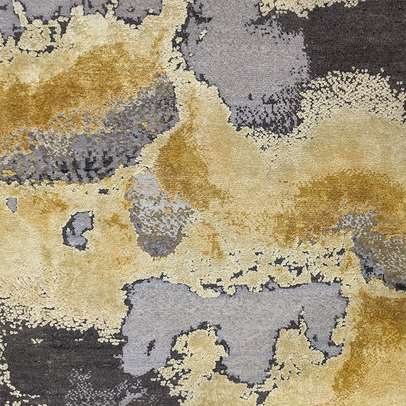 Soft mustard yellow, slate grey, deep gold and pearl silver wool and silk rug