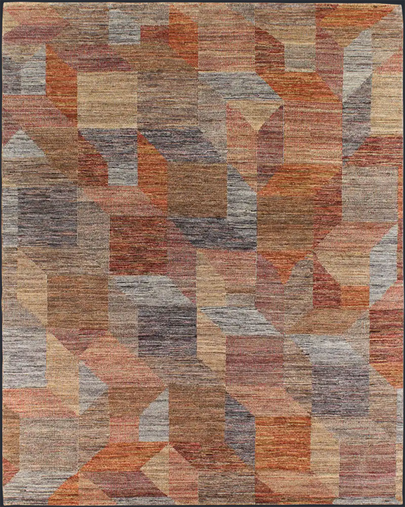 Hand knotted, low pile, tribal, muted red, rust, neutrals rug