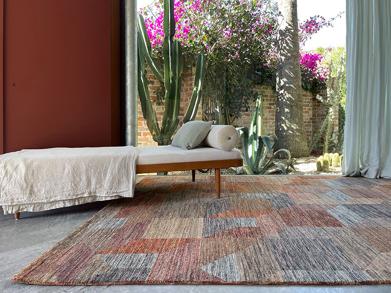 Abstract wool rug, modern geometric pattern in warm striated