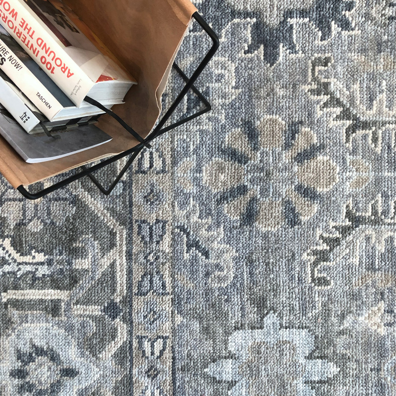 Traditional, transitional, floral motif, silver and grey wool rug