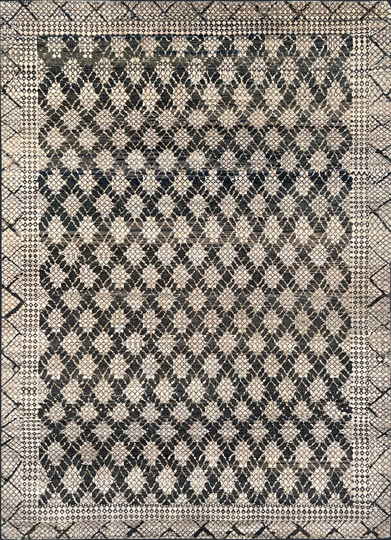 Wool and Silk, hand knotted, geometric, charcoal, neutral, traditional, transitional, luxury rug