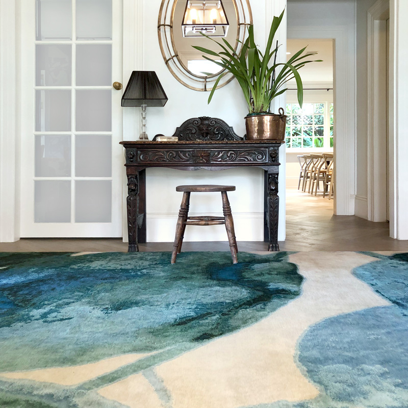 New Zealand Wool, spring, soft green and teal tones, luxury rug