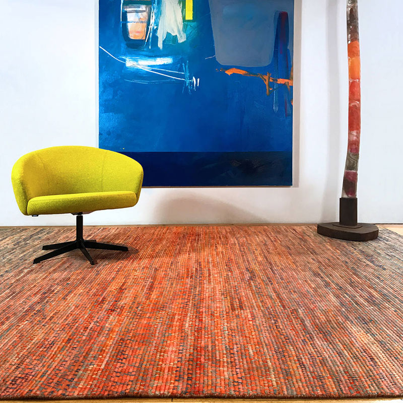 Hand knotted, wool, textured, orange, blue luxury rug