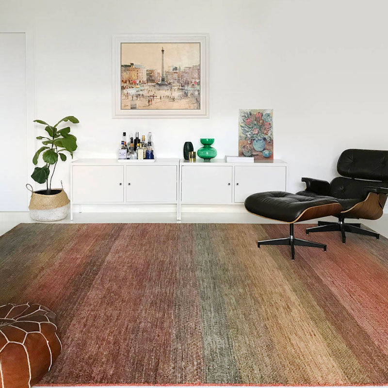 NZ Wool, low pile, hand knotted, rich rainbow tones, hard wearing rug