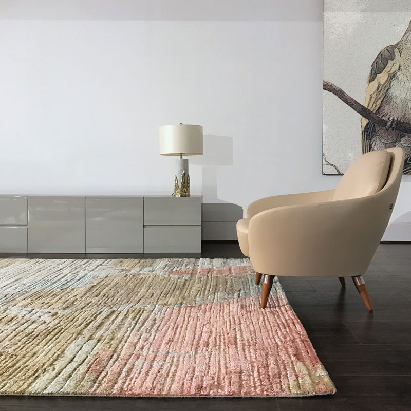 Hand knotted, high pile, luxury, silk and wool, blush and olive tones rug