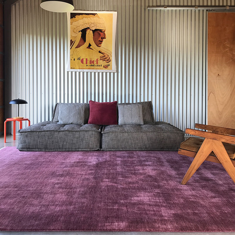 Hand loomed Argentinian wool, abrash effect, plum, luxurious versatile rug