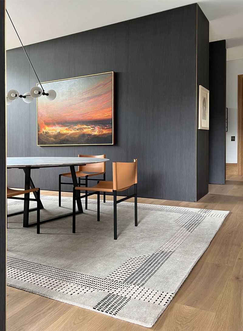 Wool, geometric, neutral, black and white dining room rug