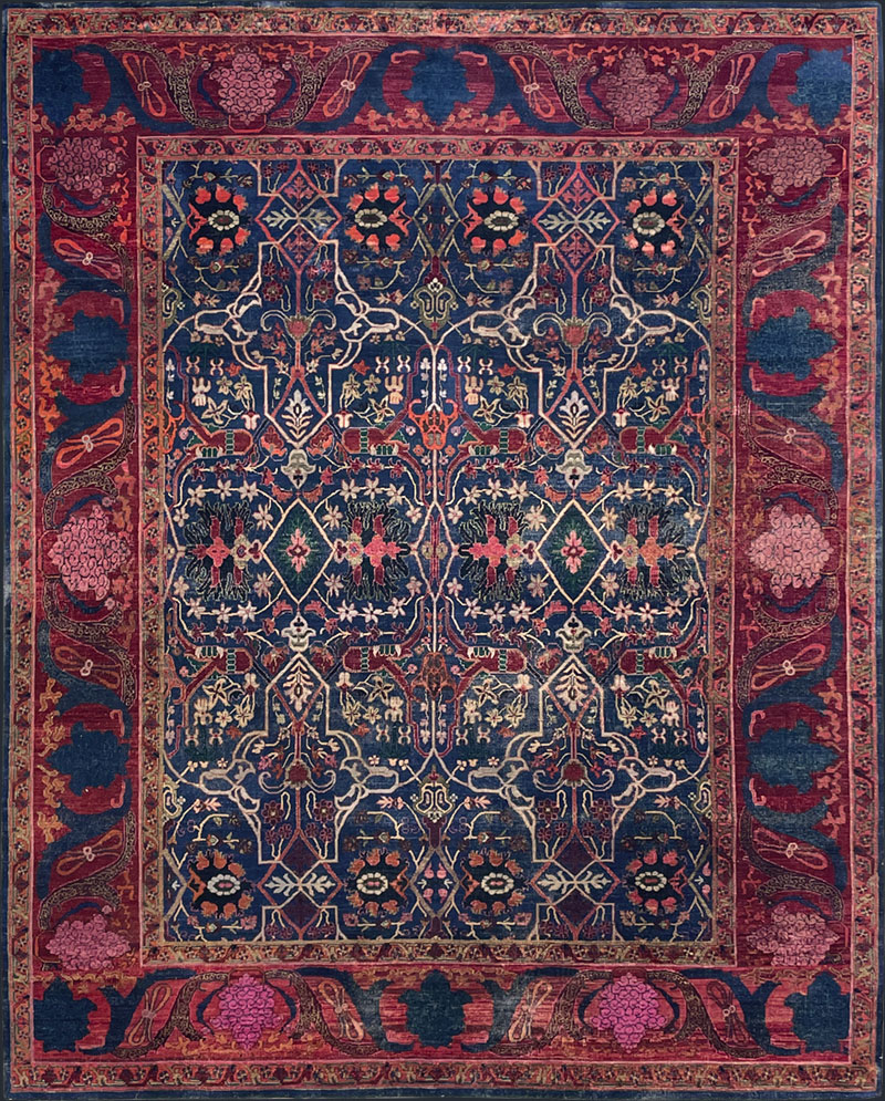 Hand knotted, traditional, transitional, vibrant, motif, border, low pile, crimson, rich pink hues luxury, unique rug