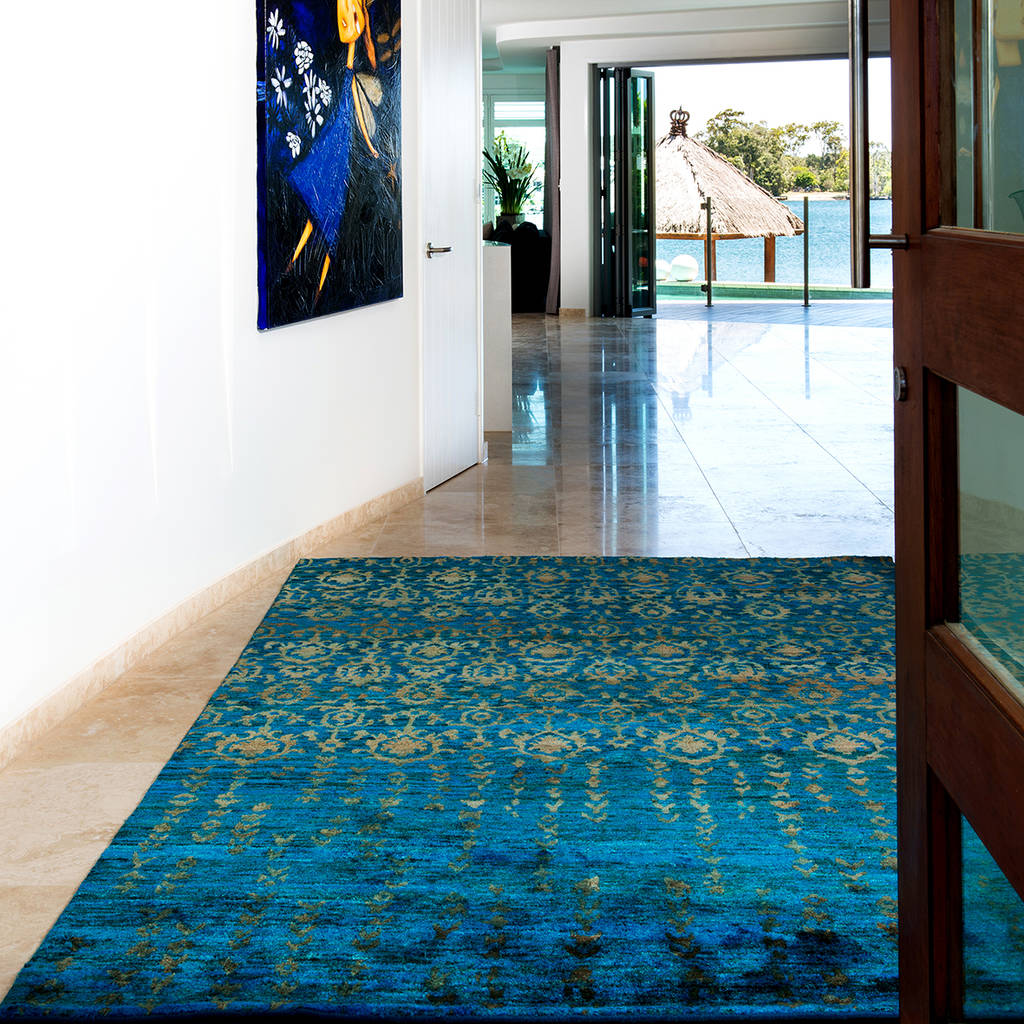 Sari Nivi blue aqua sari silk luxury contemporary silk rug traditional transitional modern Moroccan rug